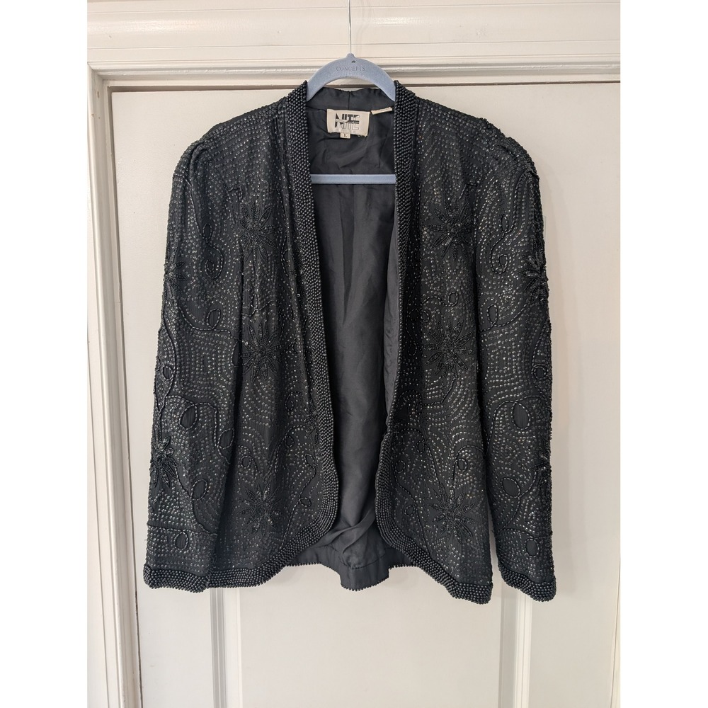 Nite Line Womens Black Beaded Sequin 100% Silk Evening Jacket large vintage
